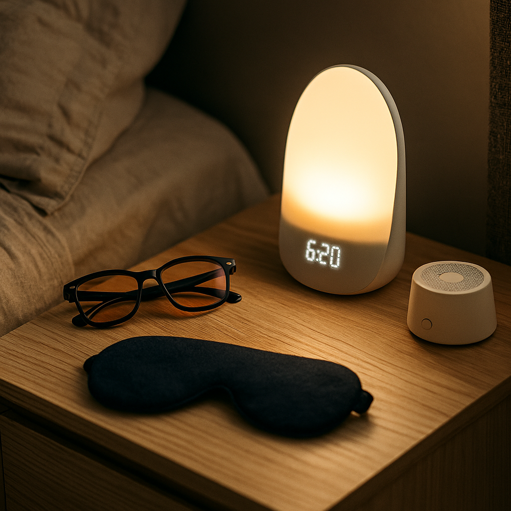 Best sleep gadgets in 2025: mask, glasses, alarm and noise machine on a nightstand.
