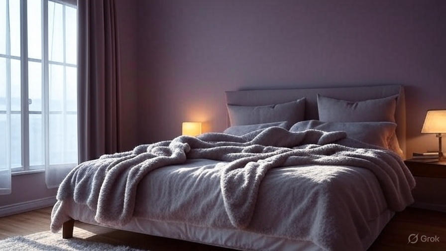 Cozy minimalist bedroom with warm bedside lamp and soft lilac accents for better sleep