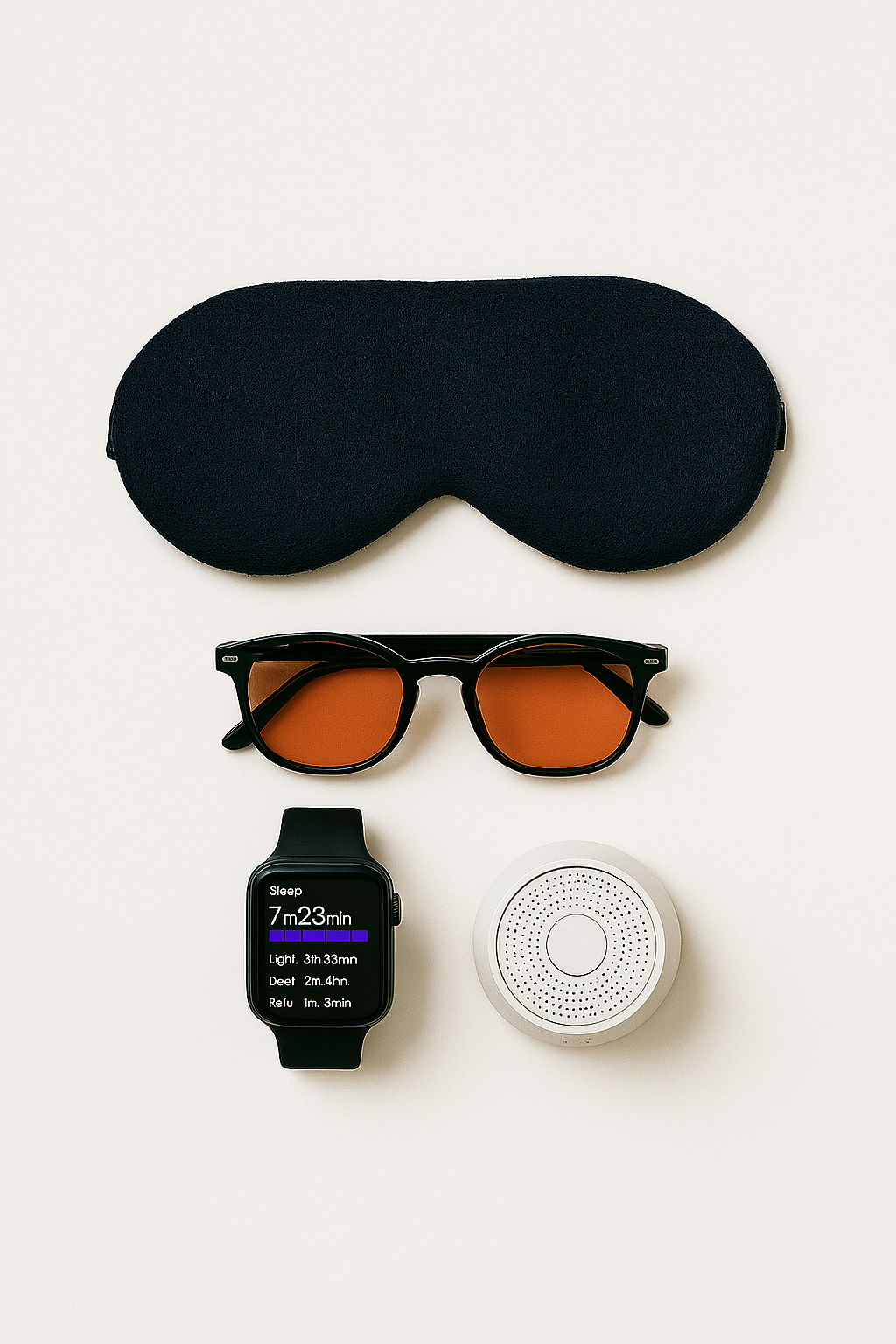 Collage of top 3 recommended sleep gadgets: mask, glasses, and noise machine.
