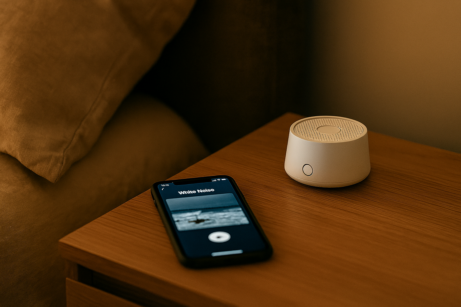 White noise machine and app on nightstand for better sleep.