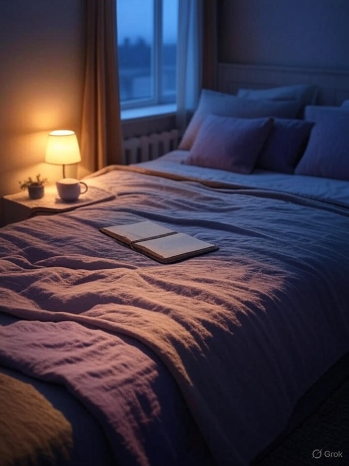 Cozy minimalist bedroom at night with soft candlelight — a peaceful scene representing calming night rituals before sleep